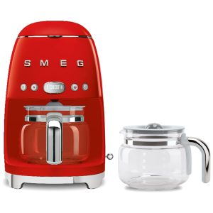 Cafeteira SMEG DCF02 - 10 Xícaras Programação Automática Manter Quente Design Retrô 1950 Vermelha Jarra Vidro Extra DCFC01