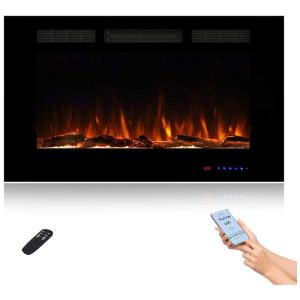 Lareira Elétrica Inteligente de 91 cm com Wi-Fi 5 Configurações de Chama Troncos ou Cristais Controle de Temperatura por Painel Masarflame