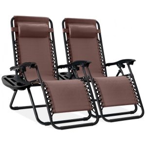 Conjunto de 2 Cadeiras Reclináveis de Gravidade Zero de Malha de Aço Ajustável com Almofadas e Bandejas de Suporte para Copos - Best Choice Products