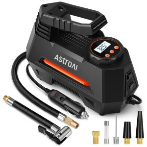 Compressor de Ar Portátil 100 PSI Recarregável com Tela LED e Manômetro Digital 12V 120W AstroAI AC220O Preto e Laranja