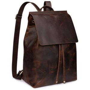 Mochila Vintage de Couro Feminina SZONE D10V143A Marrom escuro