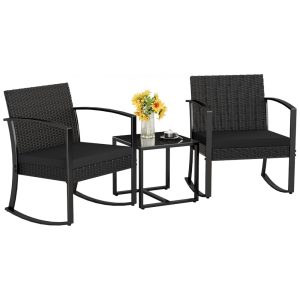 Conjunto de Móveis de Pátio Homall 3 Peças Preto - Cadeiras de Balanço para Área Externa com Almofadas e Mesa para Varanda Piscina Sacada e Jardim