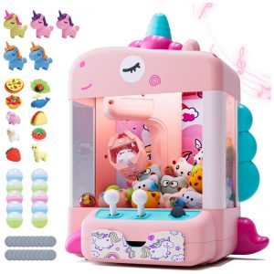 Máquina de Garra Unicórnios Skirfy Rosa e Lilás – Mini Arcade Infantil com 5 Unicórnios 10 Acessórios “Donut” 10 Brinquedos Cápsula e 20 Moedas