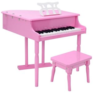 Piano Clássico Infantil com 30 Teclas Banco e Tampa de Piano para Crianças de 3 a 8 Anos Goplus Rosa