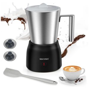 Espumador de Leite e Vaporizador Secura 500ml em Inox Elétrico para Espuma Quente/Fria em Lattes Cappuccinos e Chocolate Quente Hélices 2 em 1.