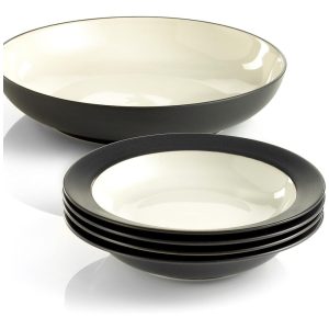 Conjunto de 4 Pratos Fundos e 1 Tigela para Massa Formato Redondo Material de Cerâmica e Estilo Clássico Noritake 8034-05N Branco e Preto