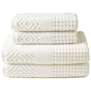 Jogo de Toalhas Ultra Macias e Absorventes com 4 Peças e Material 100% Algodão Orgânico Diamond Jacquard 700GSM TexereSilk Branco Creme