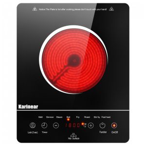 Cooktop Elétrico de Infravermelho Portátil com Trava de Segurança para Crianças Temporizador e Indicador de Calor Residual 110V 1800W Karinear Preto