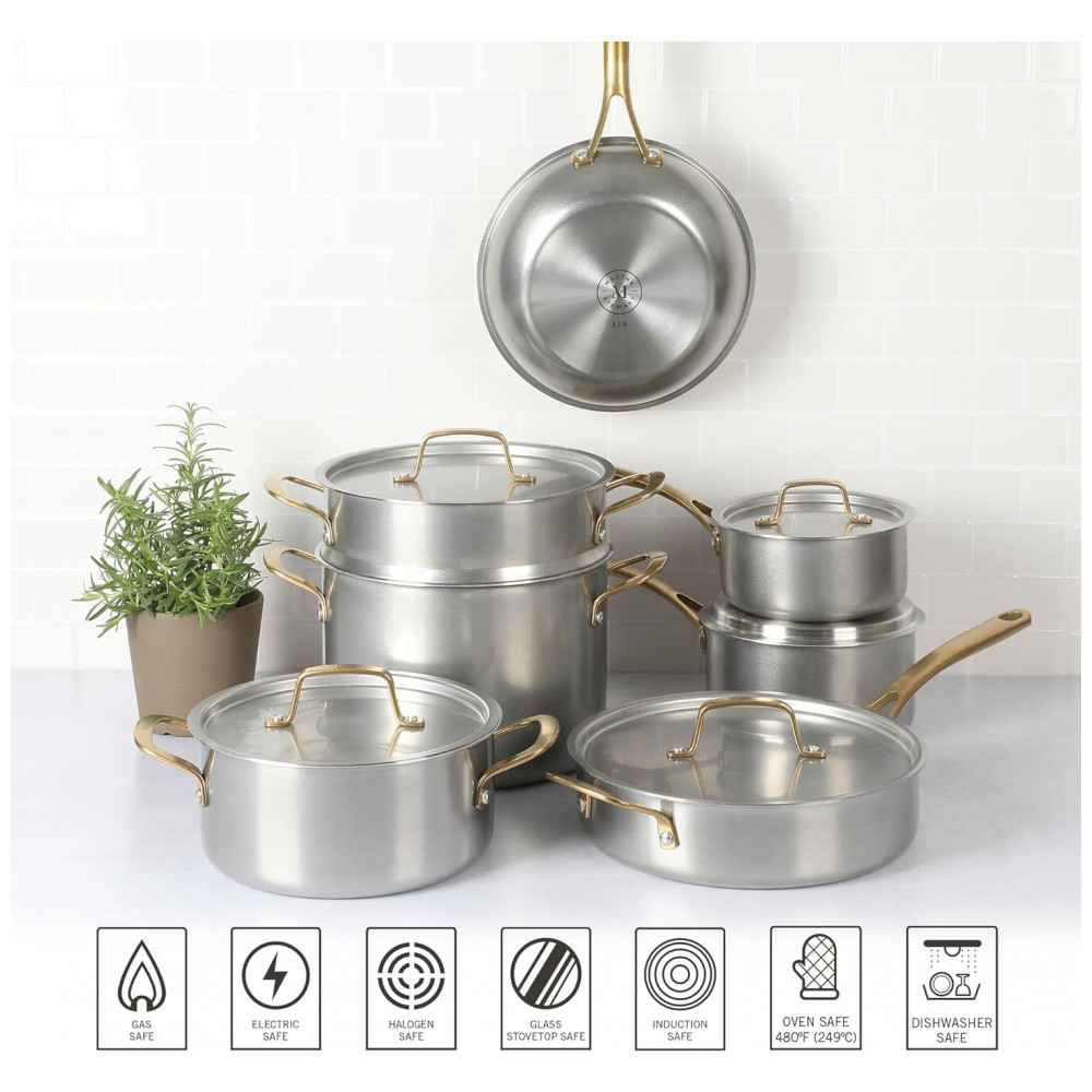 Conjunto de Panelas e Frigideiras Antiaderentes em Aço Inoxidável 12 Peças MARTHA STEWART Prata - Imagem 7