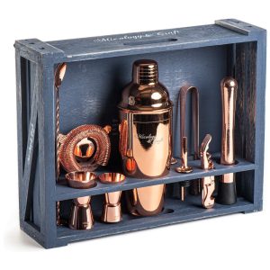 Mixology Kit Bn Profissional 24 Peças em Aço Inoxidável com Suporte Rústico Azul