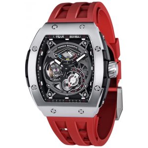 Relógio Masculino Analógico Automático a Prova dÁgua 50M com Pulseira de Silicone TSAR BOMBA SGLZ TB 8210 Vermelha