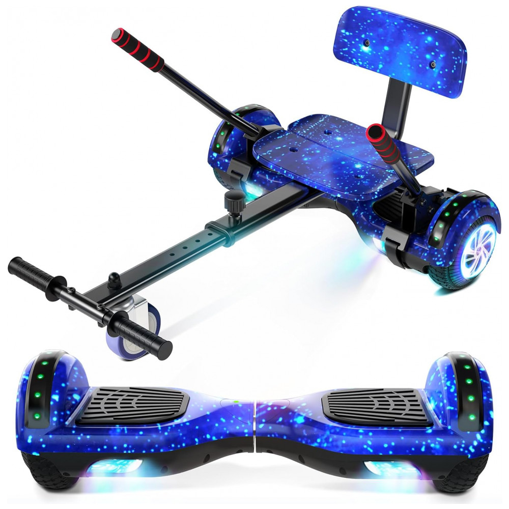 Hoverboard com Assento para Crianças e Adultos, 6,5 e 8,5 polegadas, Bluetooth com Luzes LED Coloridas - Kart Azul Estrelado