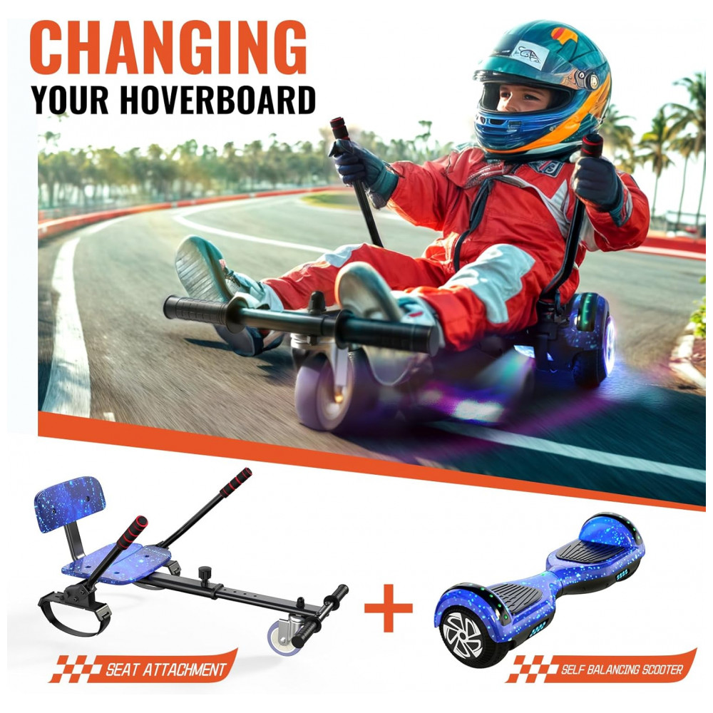 Hoverboard com Assento para Crianças e Adultos, 6,5 e 8,5 polegadas, Bluetooth com Luzes LED Coloridas - Kart Azul Estrelado - Imagem 2