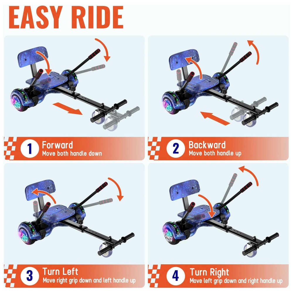Hoverboard com Assento para Crianças e Adultos, 6,5 e 8,5 polegadas, Bluetooth com Luzes LED Coloridas - Kart Azul Estrelado - Imagem 4