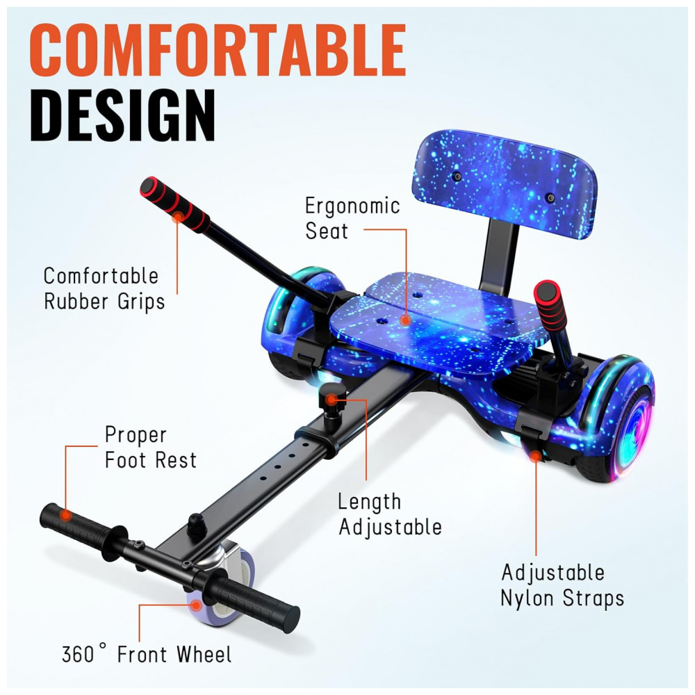 Hoverboard com Assento para Crianças e Adultos, 6,5 e 8,5 polegadas, Bluetooth com Luzes LED Coloridas - Kart Azul Estrelado - Imagem 5