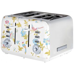 Torradeira 4 Fatias em Aço Inox Laura Ashley Branco com estampa floral Elveden Slots Largos 7 Níveis Funções Descongelar Reaquecer Rack para Croissants 1500W 110V