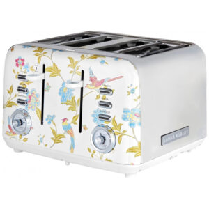 Torradeira 4 Fatias em Aço Inox Laura Ashley Branco com estampa floral Elveden Slots Largos 7 Níveis Funções Descongelar Reaquecer Rack para Croissants 1500W 110V