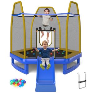 Trampolim infantil Goplus 7 FT com escorregador trampolim recreativo aprovado pela ASTM 87 com estrutura de aço galvanizado rede de segurança escada trampolim interno externo para crianças azul amarelo