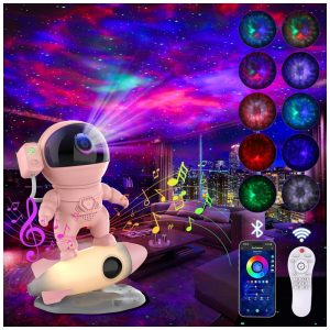 Projetor de Galáxia Astronauta para Quarto Luz de Estrela com Controle Remoto via App Sons Brancos Alto-falante Bluetooth Luz Noturna de Foguete p