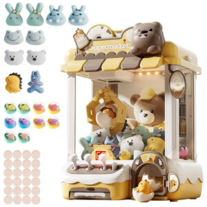 Máquina de Garra Amarela e Marrom – Mini Arcade Infantil com Luzes LED, Som Ajustável e Brinquedos