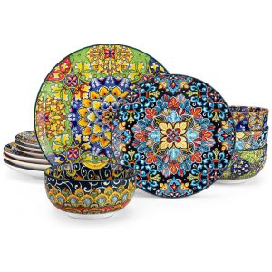 Conjunto de Louças Vancasso 12 Peças Pratos e Tigelas Porcelana para 4 Pessoas Resistente a Micro-ondas e Lava-louças Estilo Boêmio Serviço de Ja