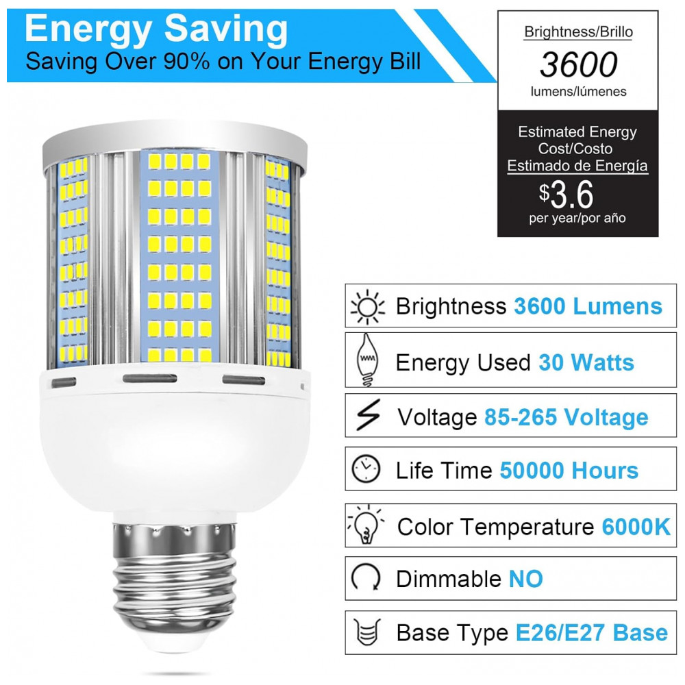 Lâmpada LED Corn 30W Elivern (2 un), 3600 lúmens, 6000K daylight, base E26/E27, super brilhante, ideal para garagem, fábrica, quintal e escritório. - Imagem 3