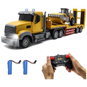 Caminhão RC Fistone com Reboque Trator de Engenharia 1:24 RC com Som e Luzes Caminhão Plataforma de Controle Remoto 2.4Ghz com Rolo Compactador