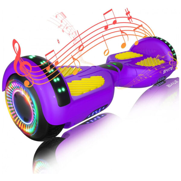 Hoverboard SIMATE Roxo Amarelo Todo Terreno com Bluetooth, Luzes de LED e Controle por APP – Crianças e Adultos