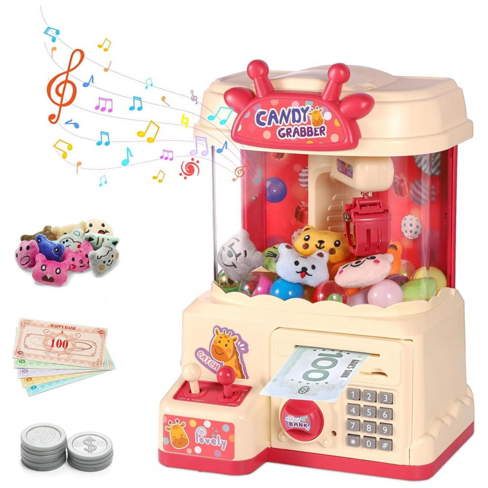 Máquina de Garra Infantil 2 em 1 Golckuod Rosa, Grande, com Luz e Som, Cofrinho e Distribuidor de Prêmios para Crianças de 3 a 14 Anos - Imagem 7