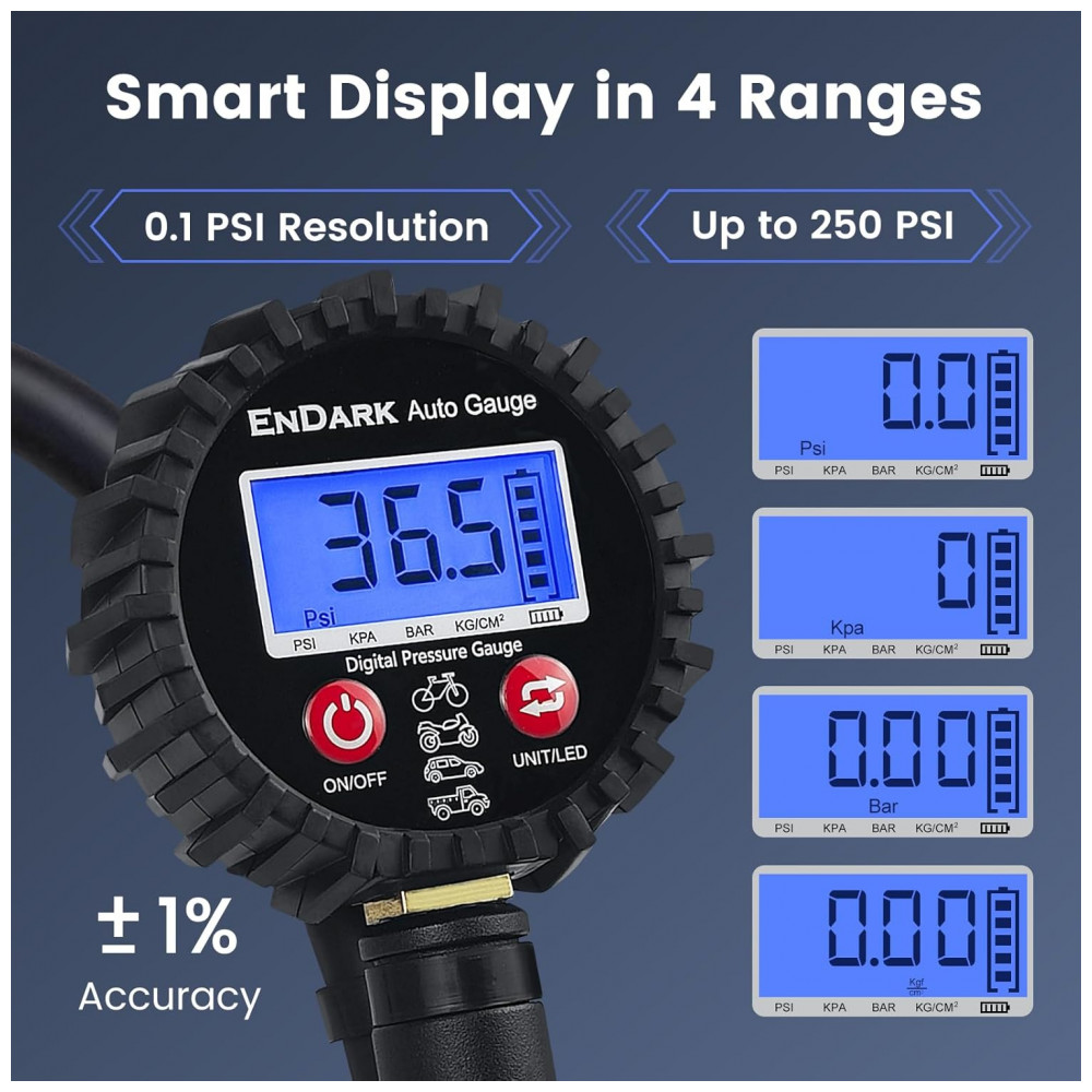 Calibrador Digital de Pressão de Pneus com Inflador ENDARK 250 PSI Compressor de Ar Acoplamento Pistola de Inflação com Bocal de Ar de 360º - Imagem 5