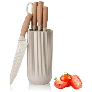 Conjunto de Facas com Bloco de Bancada e Cabo Ergonômico 6 Peças Wiztoynia Marrom Claro