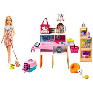 Boneca Barbie Pet Boutique com 4 Animais de Estimação Recurso de Mudança de Cor e 20 Acessórios Temáticos