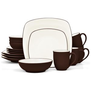 Aparelho de Jantar para Todas as Ocasiões Elegância e Sofisticação para Sua Mesa com 16 Peças Formato Quadrado e Material de Cerâmica Noritake Marrom