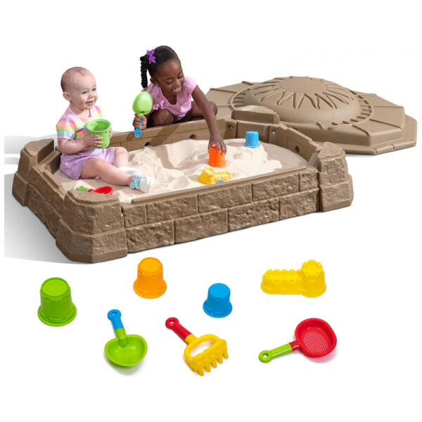 Caixa de Areia Step2 Naturally Playful II, Atividade Sensorial de Areia para Crianças, Brinquedos de Verão ao Ar Livre, 7 Acessórios para Brincar