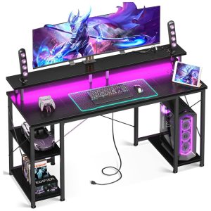 Mesa Gamer 55" 138 cm com Superfície de Fibra de Carbono Luz LED Tomadas Prateleiras de Armazenamento e Suporte para Monitor 110V ODK Preto