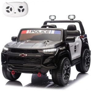 Carro de Polícia Elétrico Infantil Chevrolet Colorado Licenciado 24V 2 Lugares 4WD Controle Remoto Música Alarme Megafone Preto
