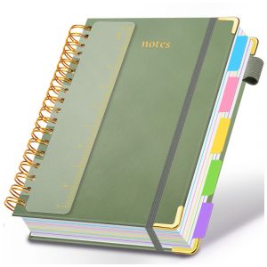Caderno universitário espiral capa dura GDGDSY B5 8x10 5 matérias 300 páginas pautadas divisórias removíveis capa couro sintético verde sálvia