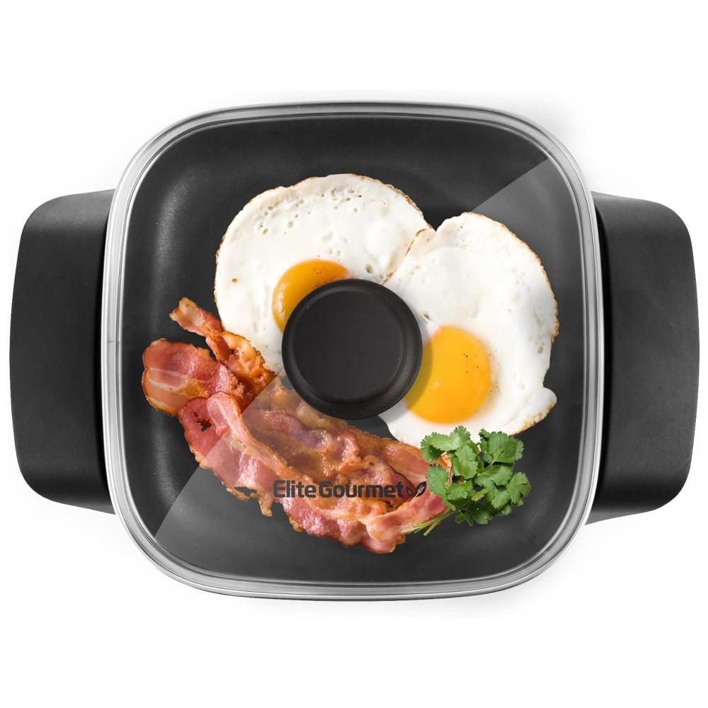 Frigideira Elétrica Antiaderente Elite Gourmet EG808 20 x 20 cm Tampa de Vidro e Aquecimento Rápido 600W - Preta Fácil Limpeza