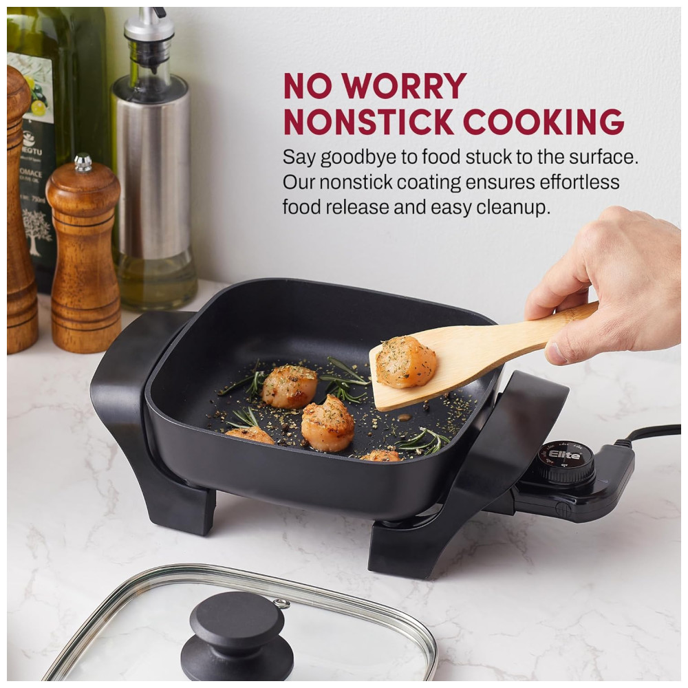 Frigideira Elétrica Antiaderente Elite Gourmet EG808 20 x 20 cm Tampa de Vidro e Aquecimento Rápido 600W - Preta Fácil Limpeza - Imagem 3
