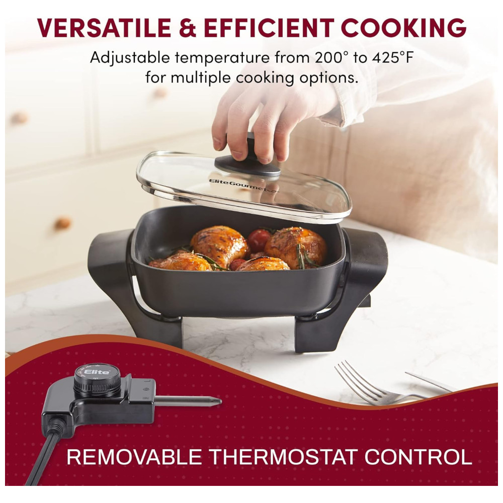 Frigideira Elétrica Antiaderente Elite Gourmet EG808 20 x 20 cm Tampa de Vidro e Aquecimento Rápido 600W - Preta Fácil Limpeza - Imagem 5