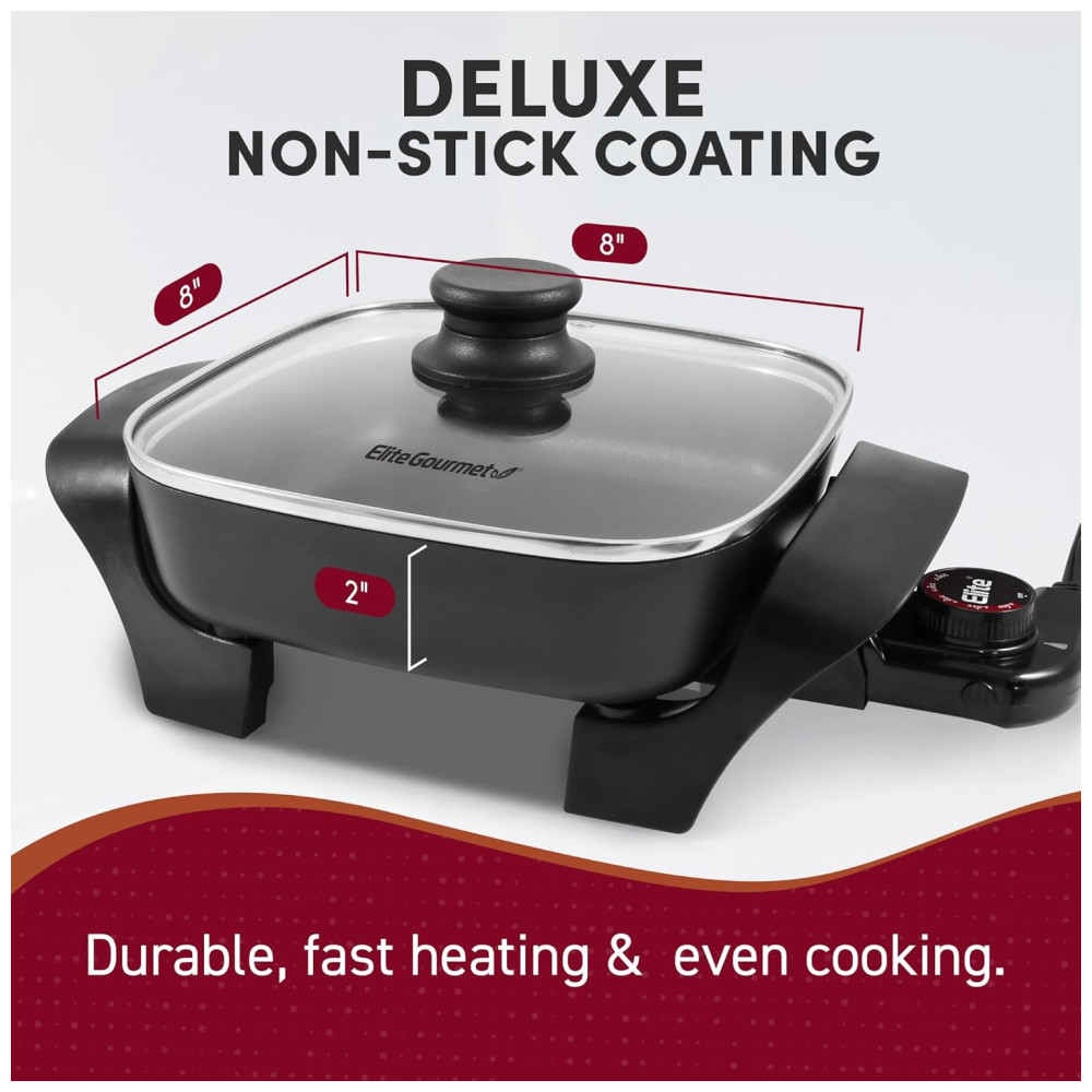 Frigideira Elétrica Antiaderente Elite Gourmet EG808 20 x 20 cm Tampa de Vidro e Aquecimento Rápido 600W - Preta Fácil Limpeza - Imagem 8