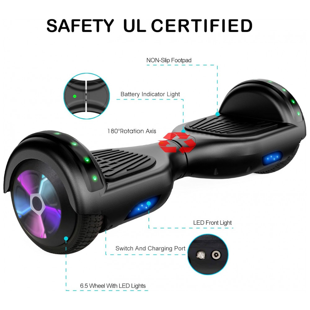 Hoverboard LIEAGLE 6,5" Preto com Bluetooth e Luzes LED para Crianças e Adultos - Imagem 2