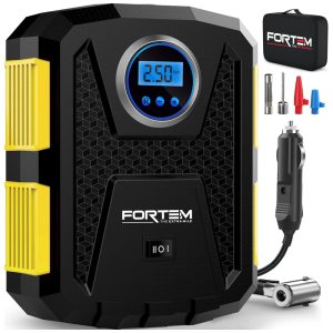 Compressor de Ar com Fio Portátil 150 PSI Recarregável com Tela LED e Desligamento Automático 12V FORTEM Amarelo