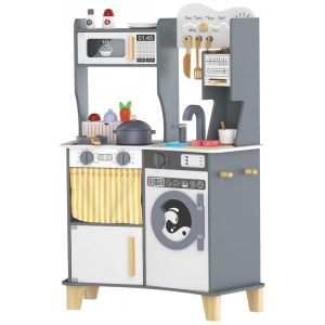 Cozinha infantil de madeira ANPABO cinza com acessórios cafeteira micro-ondas e máquina de lavar 25 peças