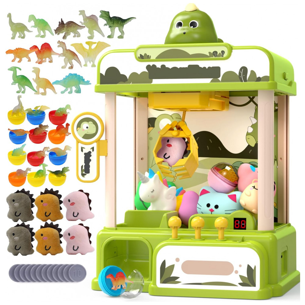 Skirfy Máquina de Garra Dinossauro Eletrônica para Crianças com 34 Brinquedos e Sons, Dispensador de Doces Verde
