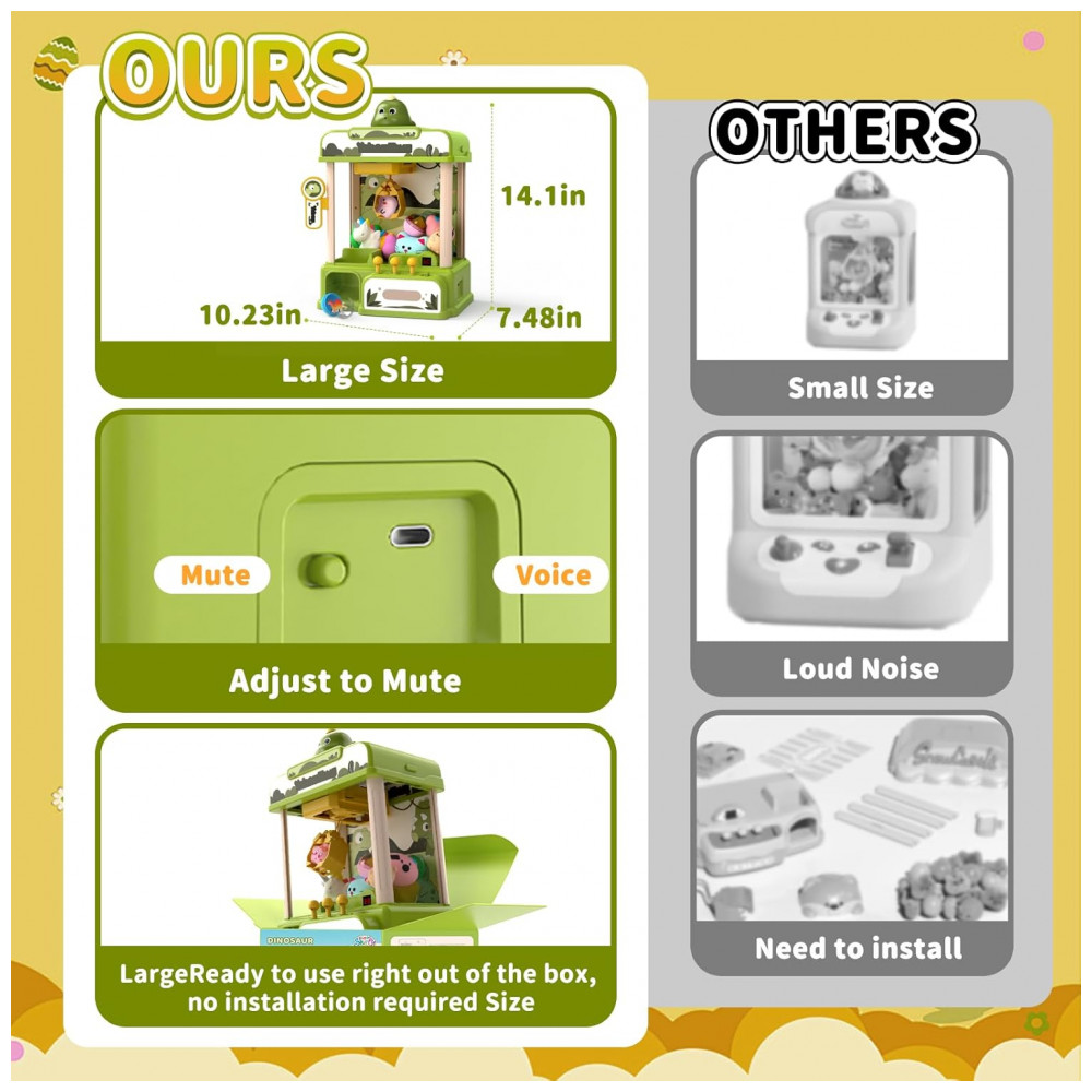 Skirfy Máquina de Garra Dinossauro Eletrônica para Crianças com 34 Brinquedos e Sons, Dispensador de Doces Verde - Imagem 3