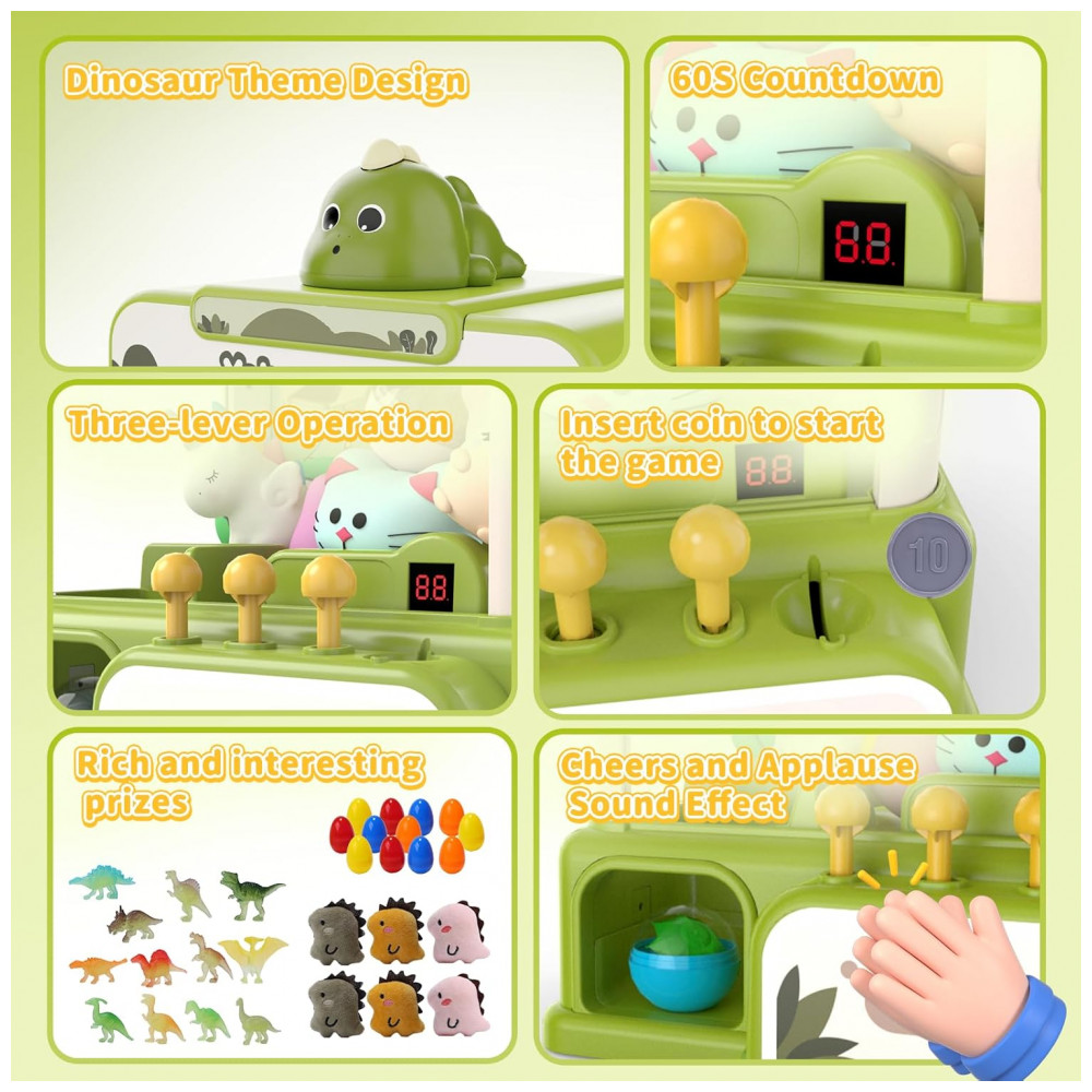 Skirfy Máquina de Garra Dinossauro Eletrônica para Crianças com 34 Brinquedos e Sons, Dispensador de Doces Verde - Imagem 4