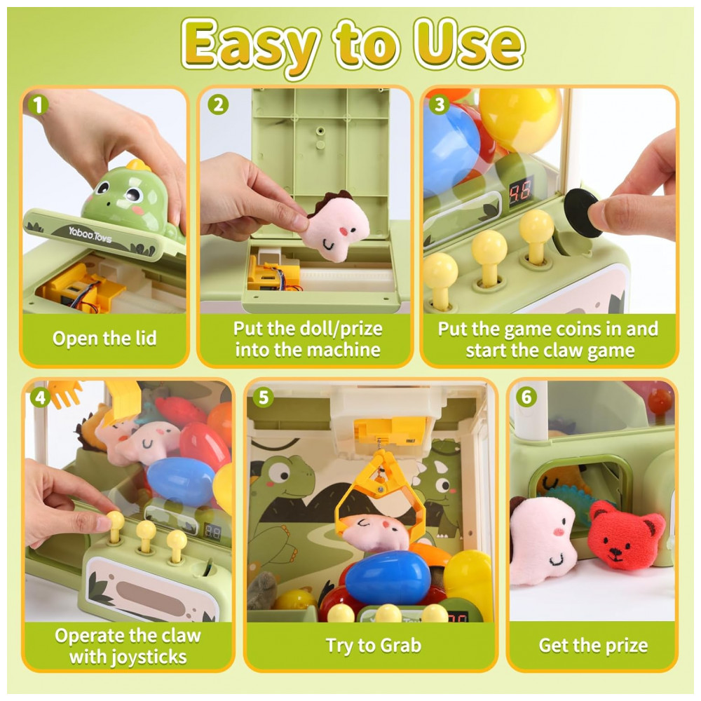 Skirfy Máquina de Garra Dinossauro Eletrônica para Crianças com 34 Brinquedos e Sons, Dispensador de Doces Verde - Imagem 5