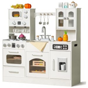 Cozinha infantil de madeira com luzes sons e dispenser de gelo 12 acessórios