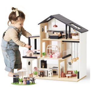 Casa de Bonecas Moderna de Madeira com Móveis de 53 Peças e Design Realista para Crianças de 3 a 12 Anos Tiny Land Branca